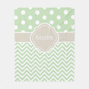 Green and Beige Polka Dot Chevron Monogram Fleece Blanket