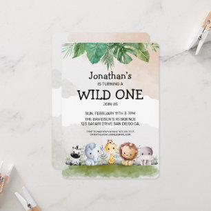 Green and beige safari wild one Birthday Invitation