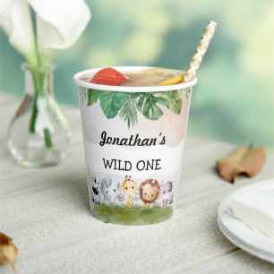 Green and beige safari wild one paper cups