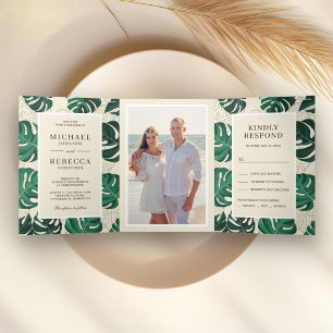 Green and Beige Tropical Monstera Leaves Wedding Tri-Fold Invitation