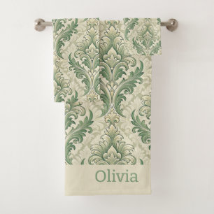 Green and Beige Vintage Botanical Flowers Pattern Bath Towel Set