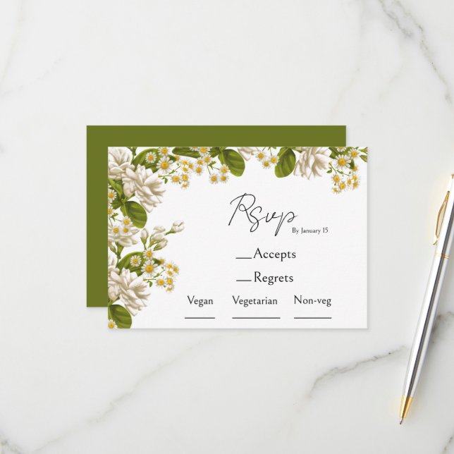 Green and beige wedding meal choice & rsvp (Front/Back In Situ)