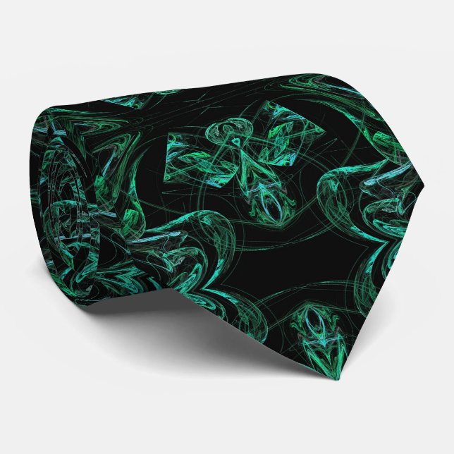 Green and Black Abstract Fractal Necktie (Rolled)