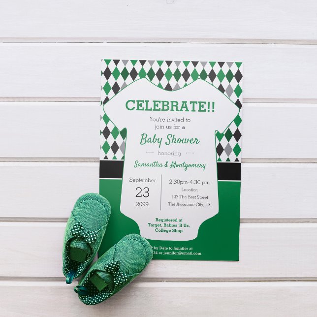 Green and Black Argyle Patterned Baby Shower Invitation (Creator Uploaded)