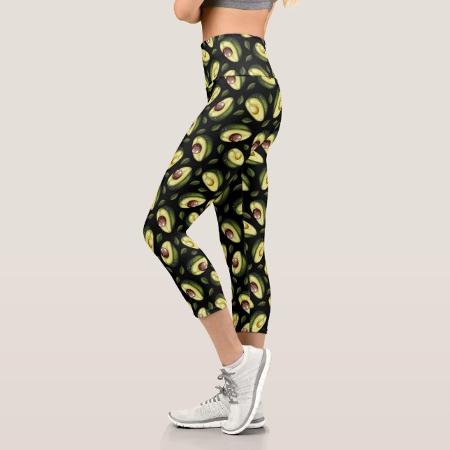 Green and Black Avocado Pattern Capri Leggings (Left)
