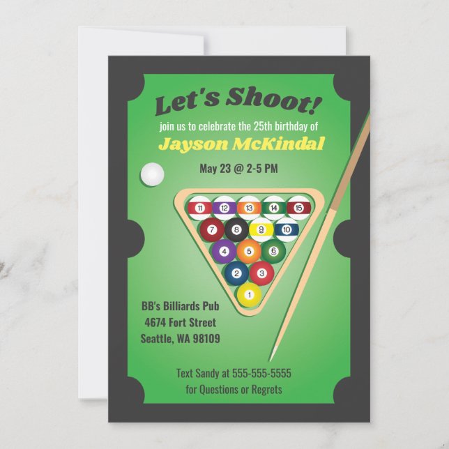 Green and Black Billiards Pool Party Invitation (Front)