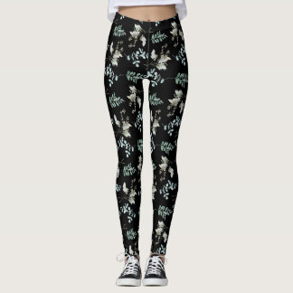 Green and Black Botanical Leaves Leggings