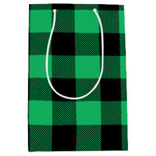 Green and Black Buffalo Check Gingham Holiday     Medium Gift Bag