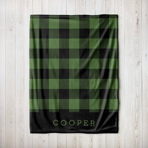 Green and Black Buffalo Check Monogram Fleece Blanket