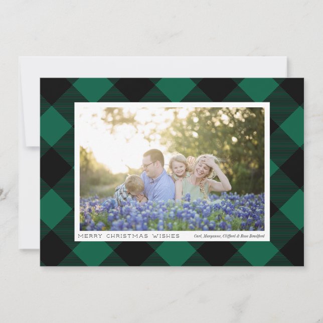Green and Black Buffalo Check Plaid Photo Holiday Card (Front)