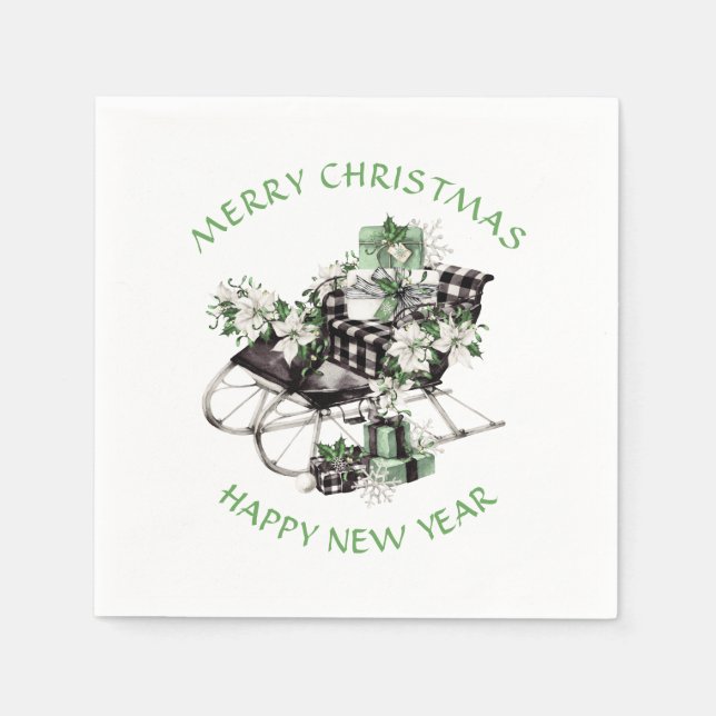 Green and Black Buffalo Check Sleigh and Packages Napkin (Front)