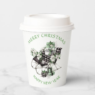 Green and Black Buffalo Check Sleigh and Packages Paper Cups