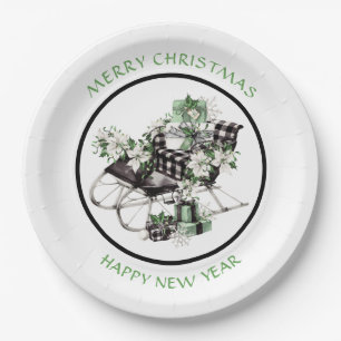 Green and Black Buffalo Check Sleigh and Packages Paper Plate