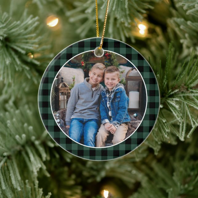 Green and Black Buffalo Plaid Custom Holiday Photo Ceramic Ornament (Tree)