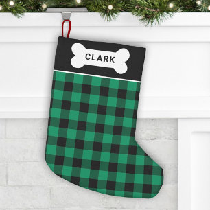 Green and Black Buffalo Plaid Dog Bone Monogram Small Christmas Stocking