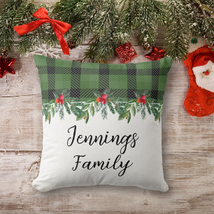 Green and Black Buffalo Plaid Family Christmas Cushion