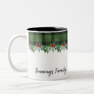 Green and Black Buffalo Plaid Family Christmas Two-Tone Coffee Mug