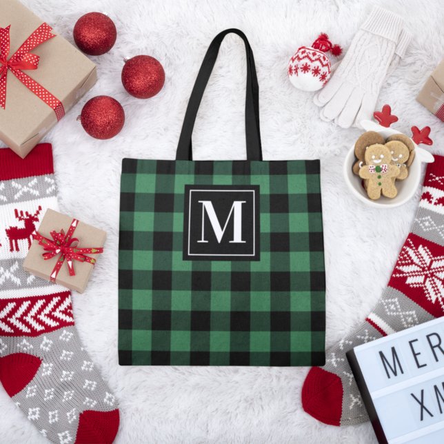 Green and Black Buffalo Plaid Monogram Tote Bag (Creator Uploaded)