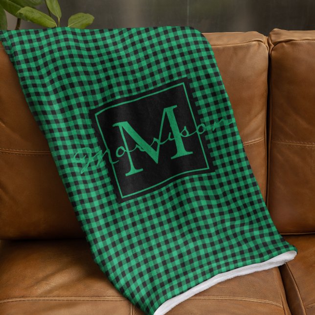 Green And Black Buffalo Plaid Monogrammed Custom Fleece Blanket (Creator Uploaded)