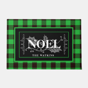 Green and Black Buffalo Plaid, NOEL, Personalised Doormat