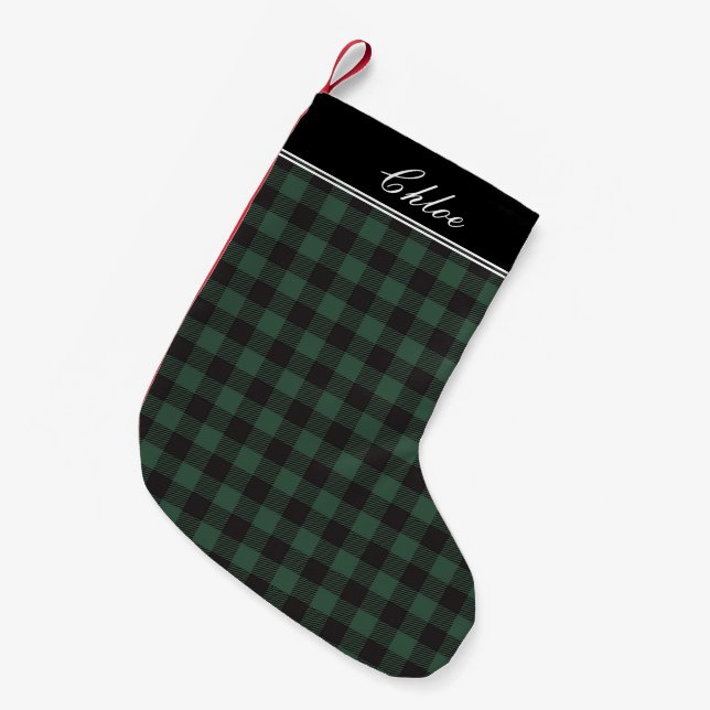 Green and Black Buffalo Plaid Pattern Personalised Small Christmas Stocking (Front (Hanging))