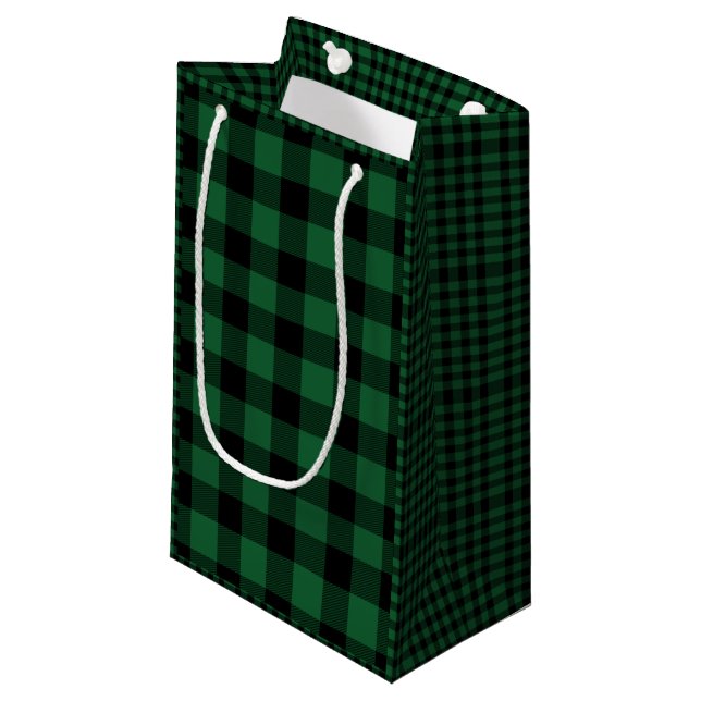 Green and Black Buffalo Plaid, Rustic Chequered Small Gift Bag (Front Angled)