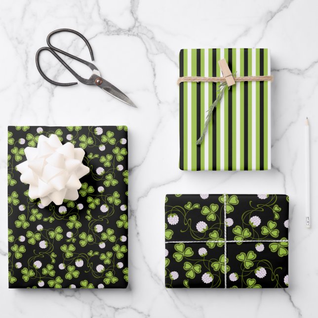 Green and Black Clover Wrapping Paper Sheet (Front)