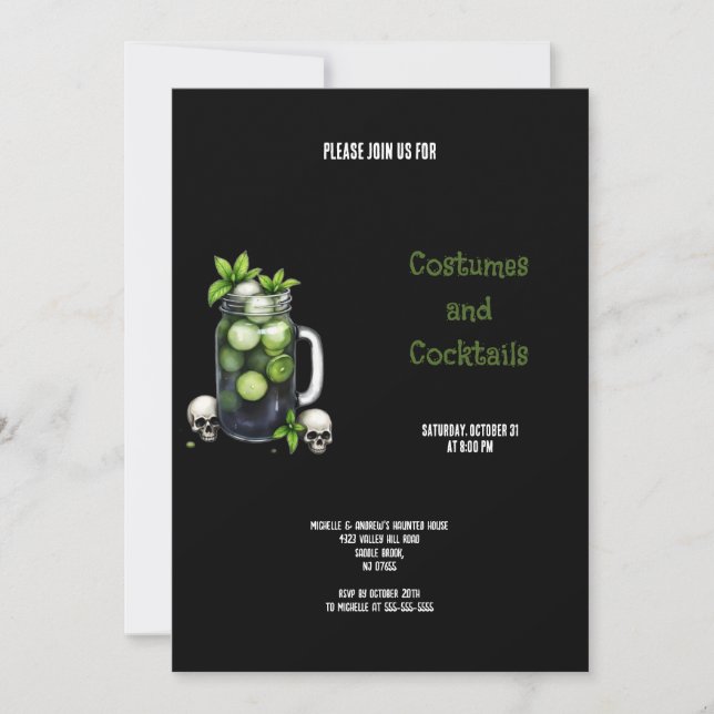 GREEN AND BLACK COSTUMES AND COCKTAILS HALLOWEEN  INVITATION (Front)