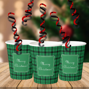 Green and Black Cosy Plaids Merry Christmas Paper Cups