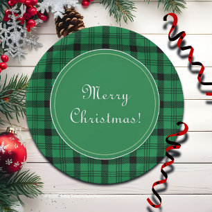 Green and Black Cosy Plaids Merry Christmas Paper Plate