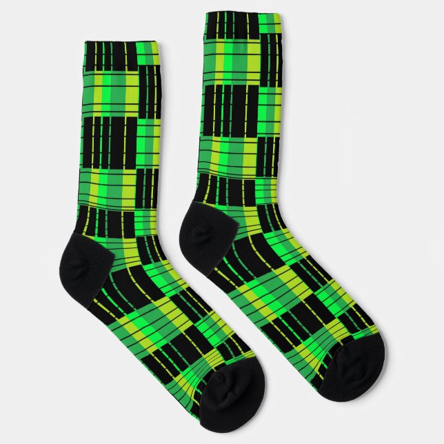 Green and Black Crew Socks With Plaid Style Design (Right)