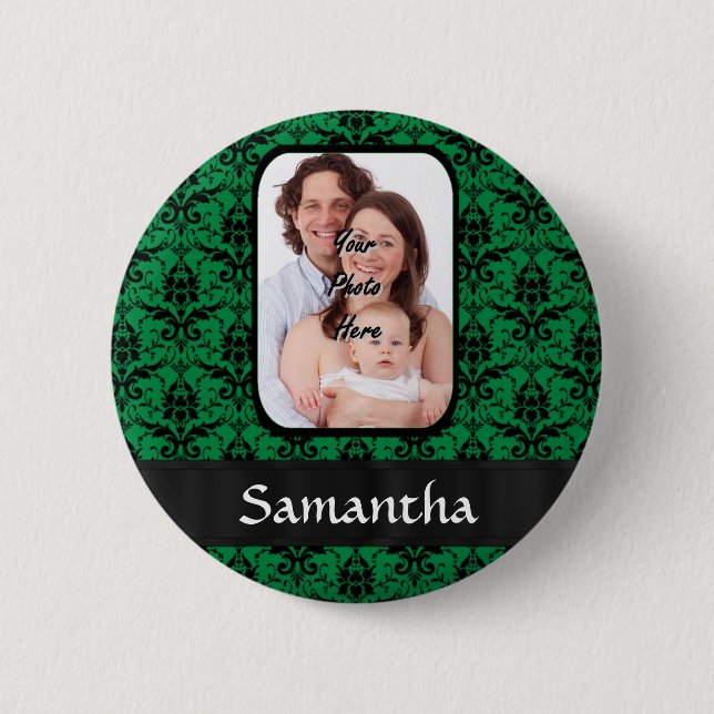 Green and black damask 6 cm round badge (Front)