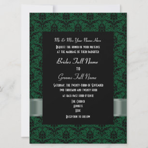 Green and black damask formal wedding invitation