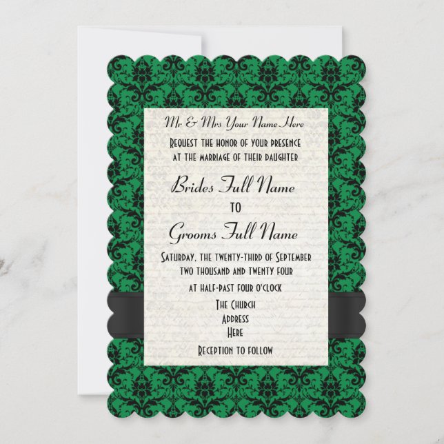 Green and black damask formal wedding invitation (Front)