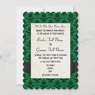 Green and black damask formal wedding invitation