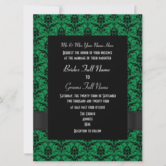 Green and black damask formal wedding invitation (Front)