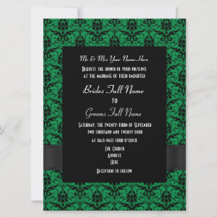 Green and black damask formal wedding invitation