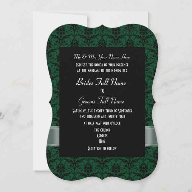 Green and black damask formal wedding invitation (Front)