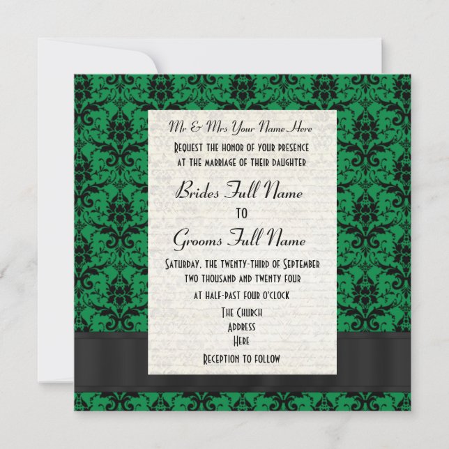 Green and black damask formal wedding invitation (Front)