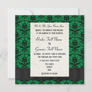 Green and black damask formal wedding invitation