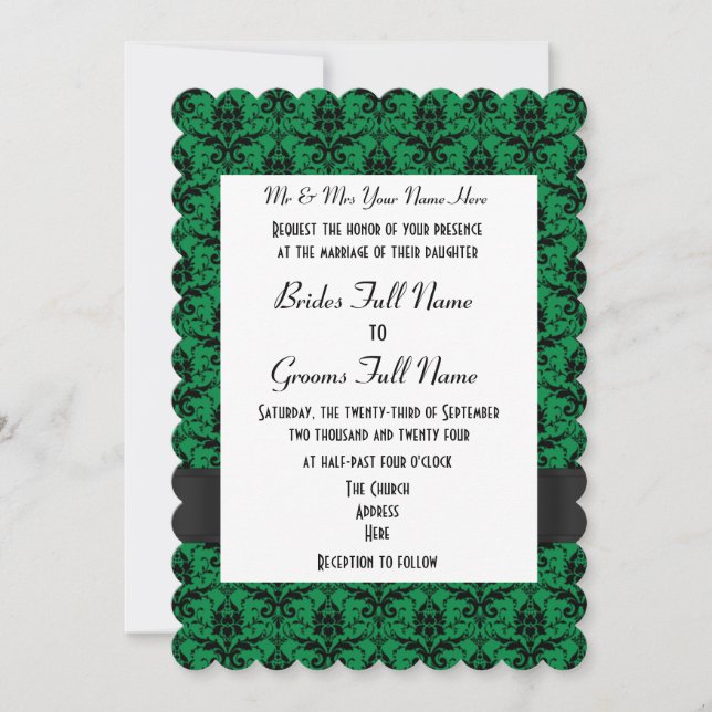 Green and black damask formal wedding invitation (Front)