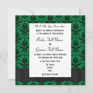 Green and black damask formal wedding invitation