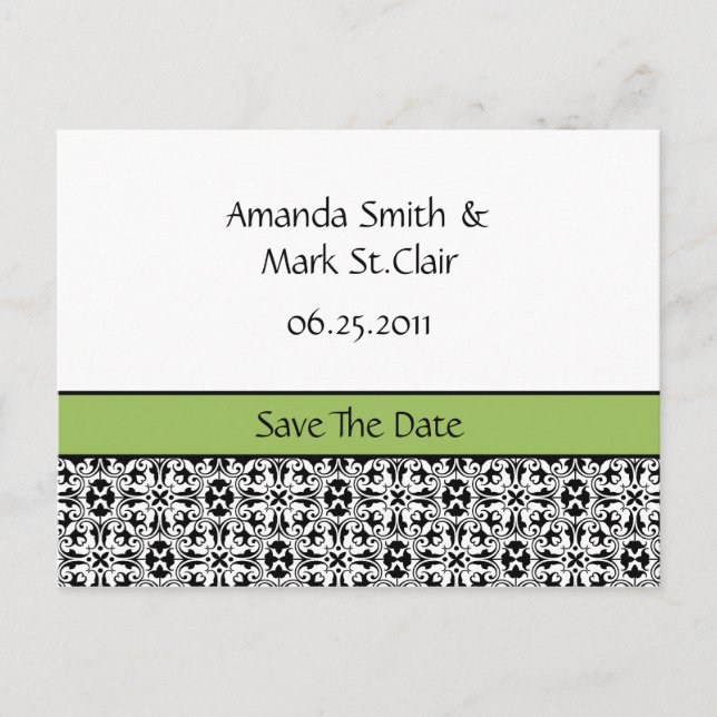 Green and Black Damask Save The Date Announcement Postcard (Front)