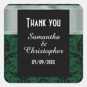 Green and black damask thank you square sticker