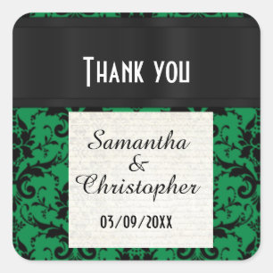 Green and black damask thank you square sticker