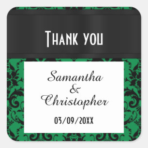 Green and black damask thank you square sticker