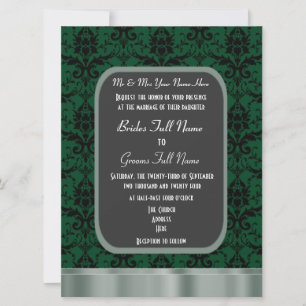 Green and black damask wedding invitation