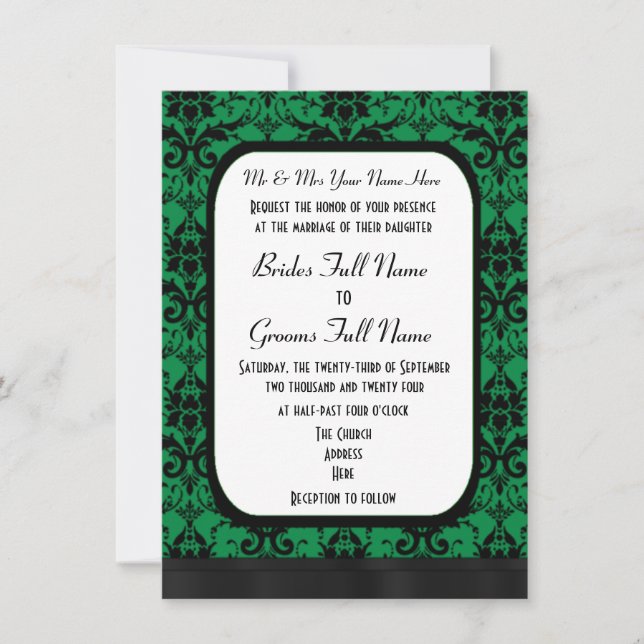 Green and black damask wedding invitation (Front)