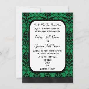 Green and black damask wedding invitation