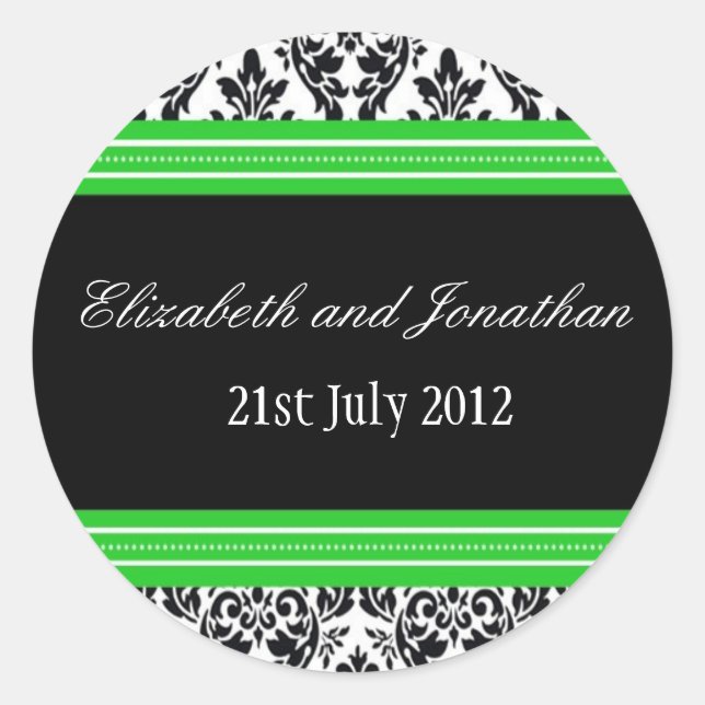 Green and Black Damask Wedding Sticker (Front)